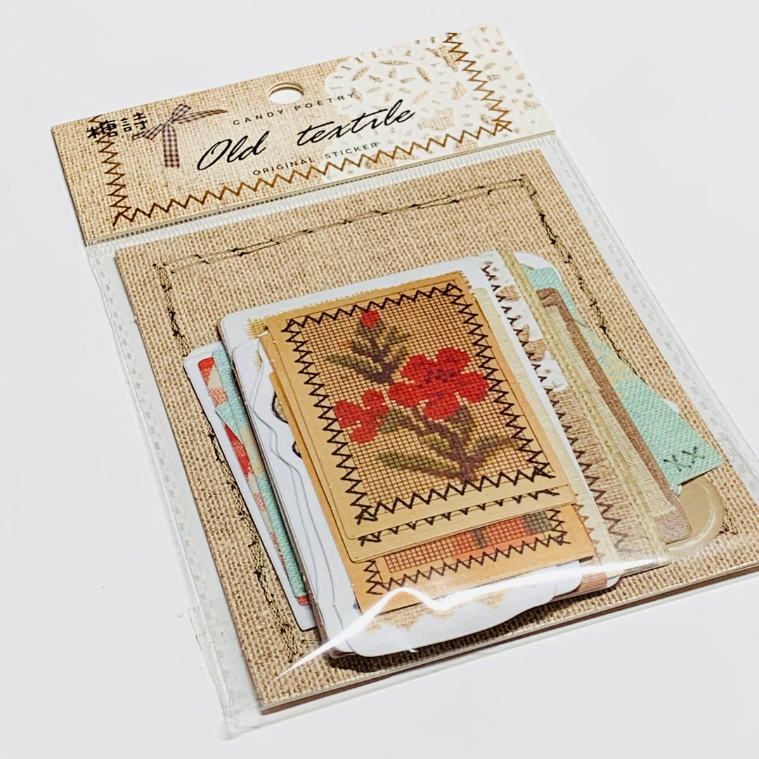 OLD TEXTILE STITCHING Candy Poetry Ephemera Paper Stickers Pack ~ 30 Stickers ~ 40 - 100mm