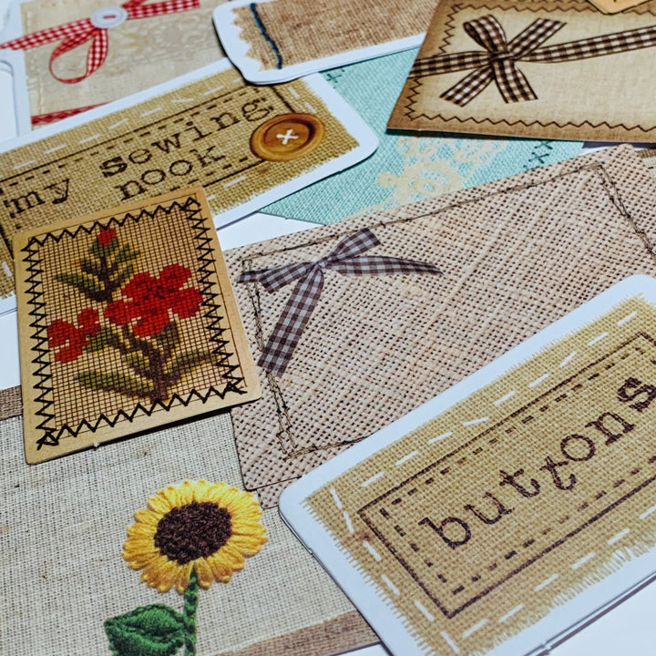 OLD TEXTILE STITCHING Candy Poetry Ephemera Paper Stickers Pack ~ 30 Stickers ~ 40 - 100mm