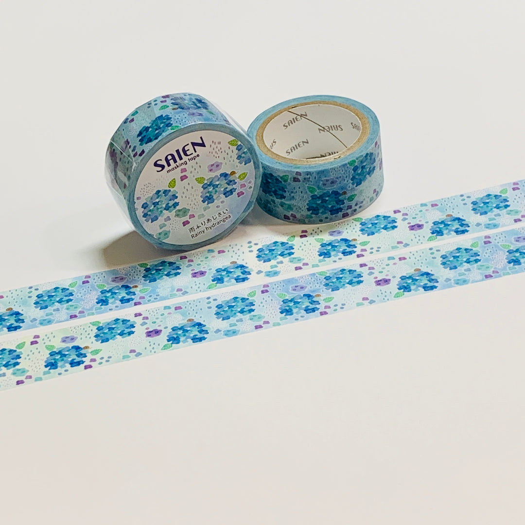 RAINY BLUE HYDRANGEA FLOWERS Saien Masking Washi Tape ~ 1 Roll ~ 20mm x 7m (23 Feet)