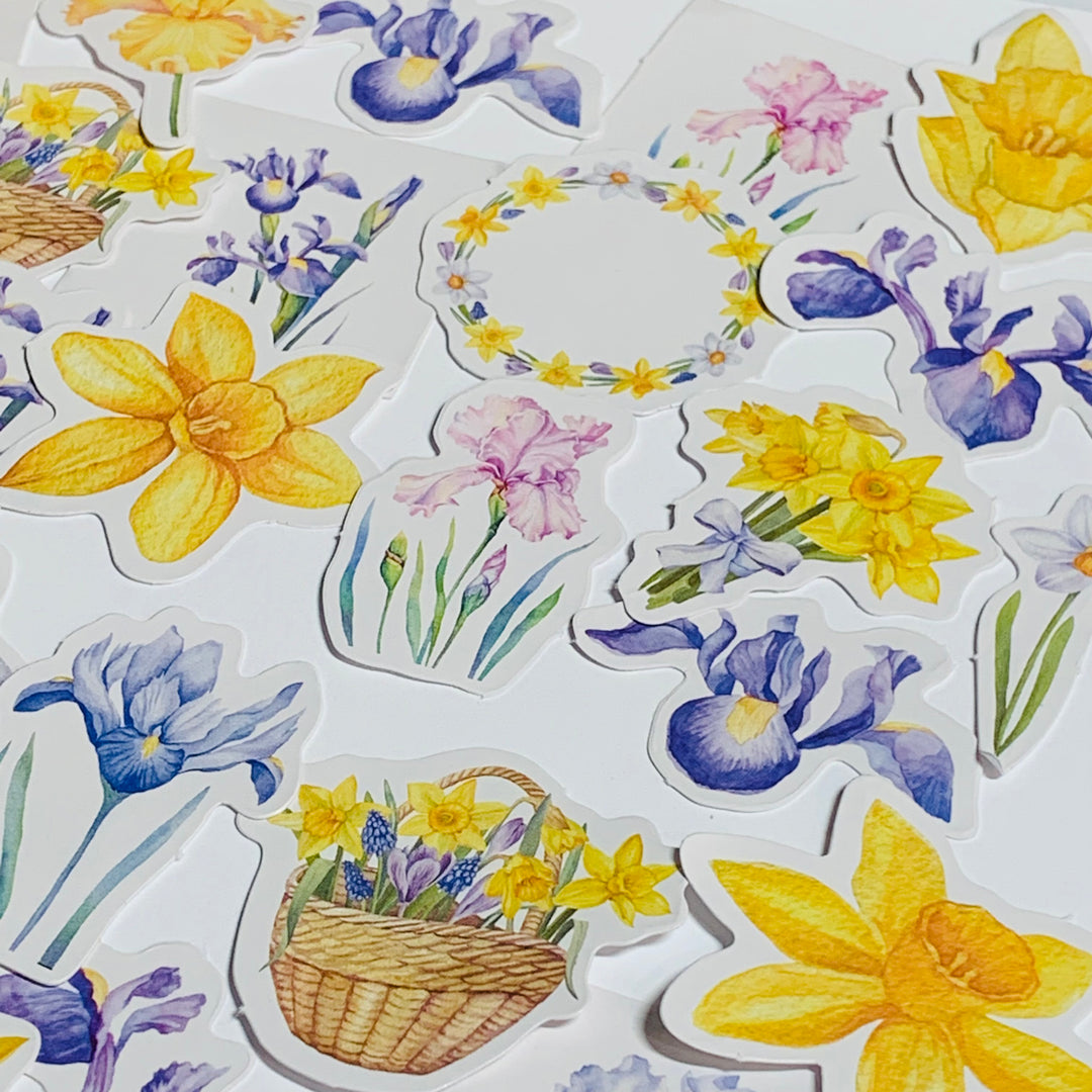 DAFFODILS And IRISES FLORAL Peelable Stickers  ~ 46 Pieces ~ Each Sticker is Approximately 38mm