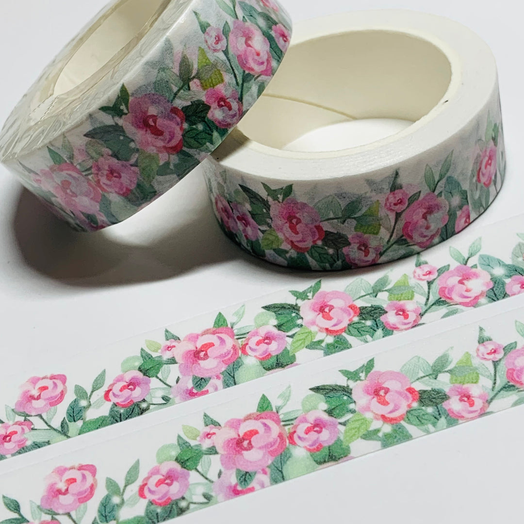 PRETTY PINK CABBAGE ROSE Garden Washi Tape - 1 Roll - 15mm x 10m (33 Feet)