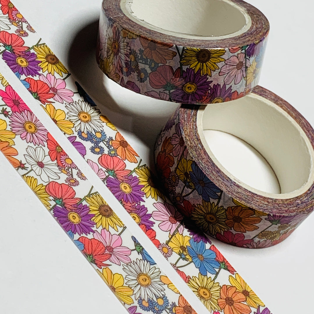 SKETCHED RAINBOW GERBERA DAISIES Floral Washi Tape ~ 1 Roll ~ 15mm x 10m (33 Feet)