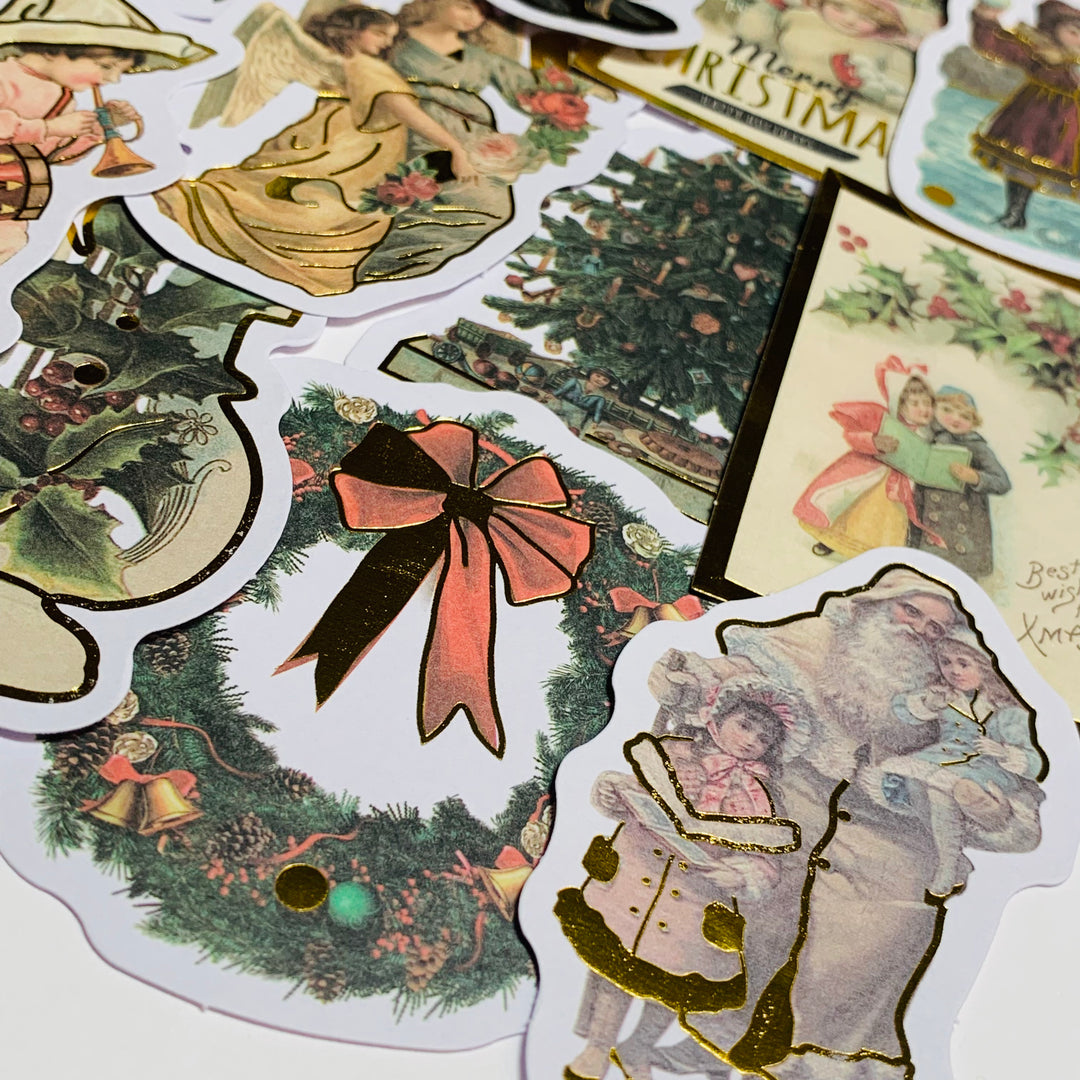 A SNOW DAY VICTORIAN CHRISTMAS And Gold Foiled Ephemera Stickers Pack ~ 24 Pieces ~ 3 Inches