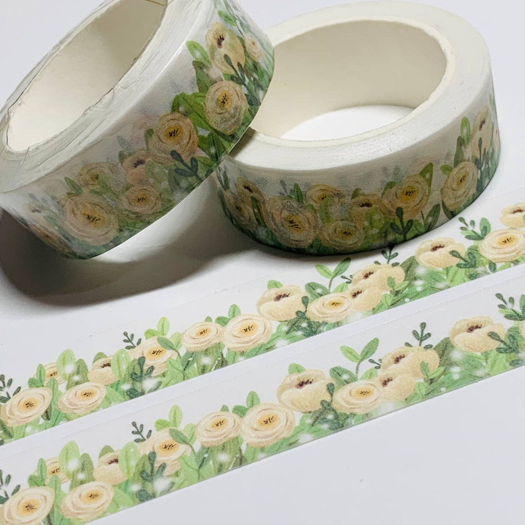 SOFT PASTEL YELLOW ROSES Washi Tape ~ 1 Roll ~ 15mm x 10m (33 Feet)