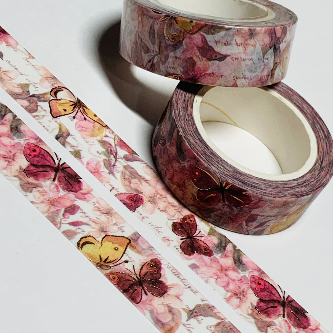 POETRY & PROSE BUTTERFLY Rose Gold Floral Washi Tape ~ 1 Roll ~ 15mm x 10m (33 Feet)