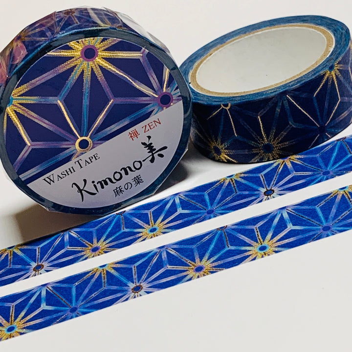 KIMONO HEMP LEAF BLUE & Gold Foil Saien Washi Tape ~ 1 Roll ~ 15mm x 7m (23 Feet)