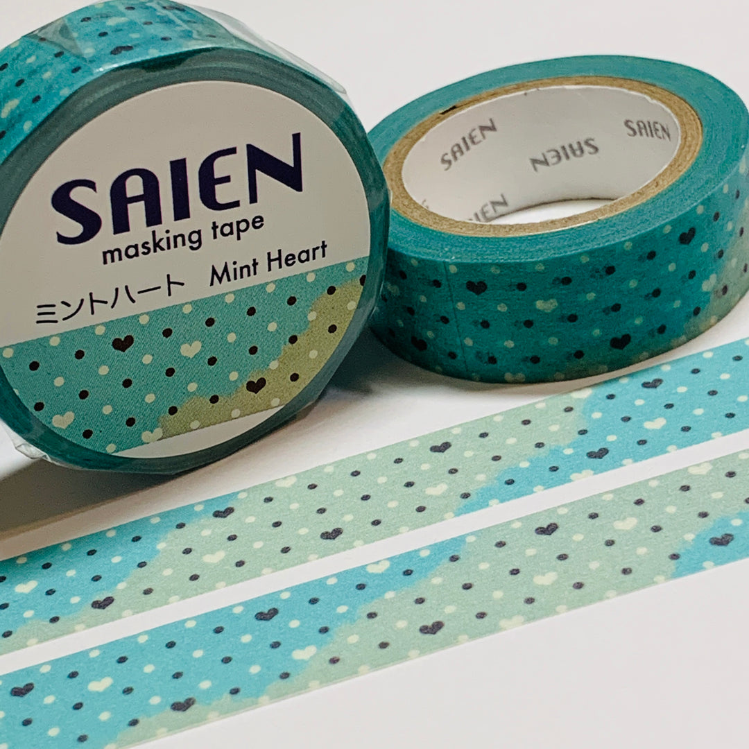 PATTERNED MINT HEARTS & DOTS Saien Masking Washi Tape ~ 1 Roll ~ 15mm x 10m (33 Feet)