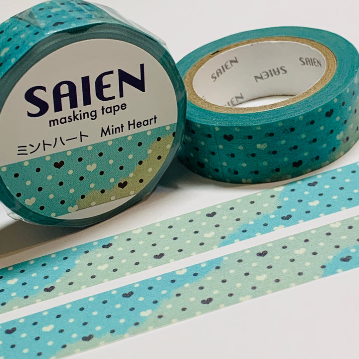 PATTERNED MINT HEARTS & DOTS Saien Masking Washi Tape ~ 1 Roll ~ 15mm x 10m (33 Feet)