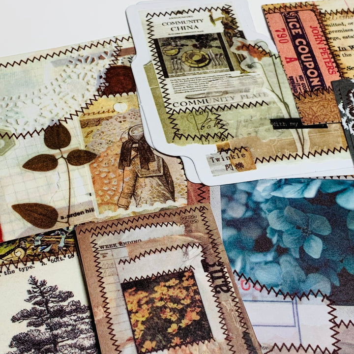 RETRO MIXED MEDIA STITCHING Candy Poetry Ephemera Paper Stickers Pack ~ 30 Stickers ~ 40 - 100mm