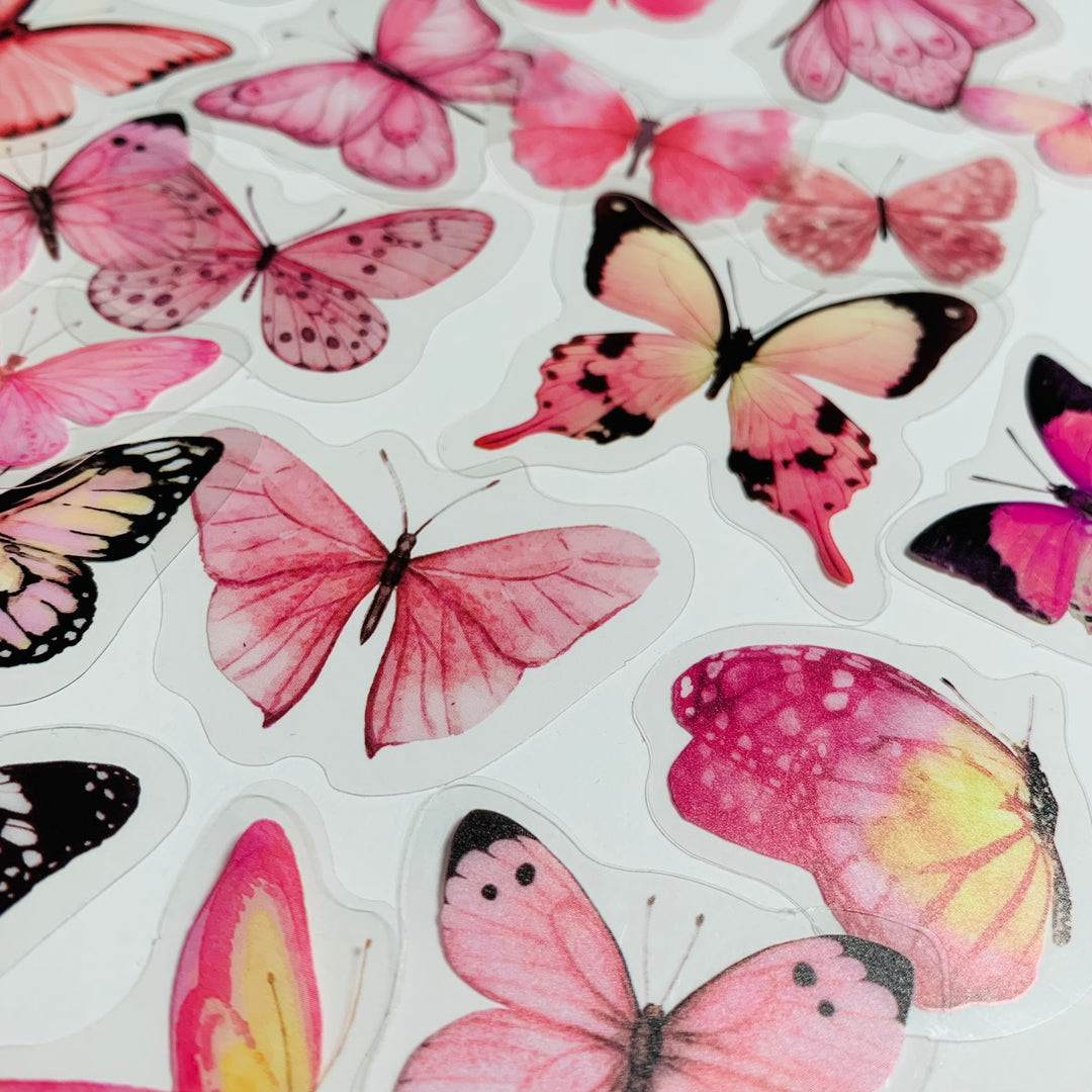 PINK BUTTERFLY NATURE Series Transparent Peelable Stickers ~ 40 Stickers - 40 to 50mm In Size