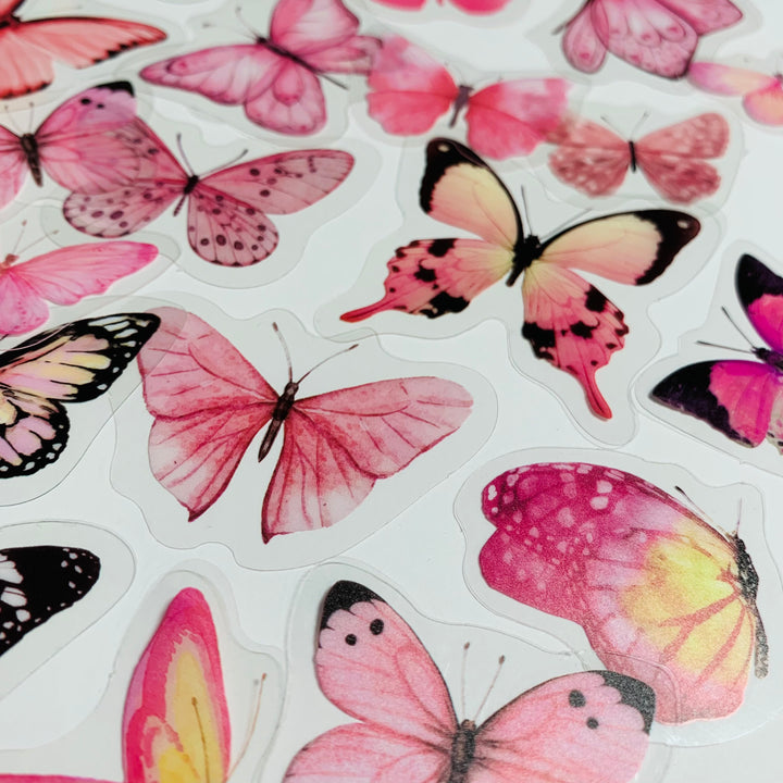 PINK BUTTERFLY NATURE Series Transparent Peelable Stickers ~ 40 Stickers - 40 to 50mm In Size