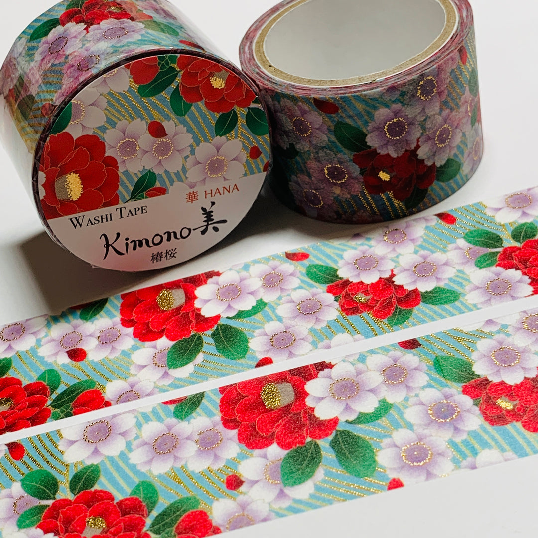 KIMONO CAMELLIA And CHERRY BLOSSOMS Gold Foil Saien Washi Tape ~ 1 Roll ~ 25mm x 5m (16 Feet)