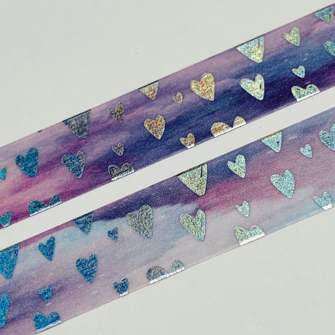 DOODLED SILVER FOIL HEARTS OMBRE PURPLE Washi Tape ~ 1 Roll ~ 15mm x 10m (33 Feet)