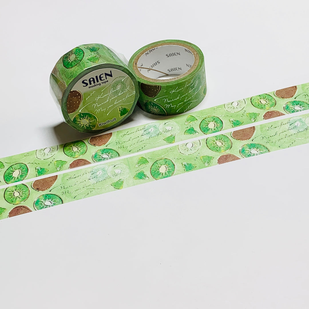 FRUIT TIME KIWI With Silver & Gold Foil Saien Masking Washi Tape ~ 1 Roll ~ 20mm x 5m (16 Feet)