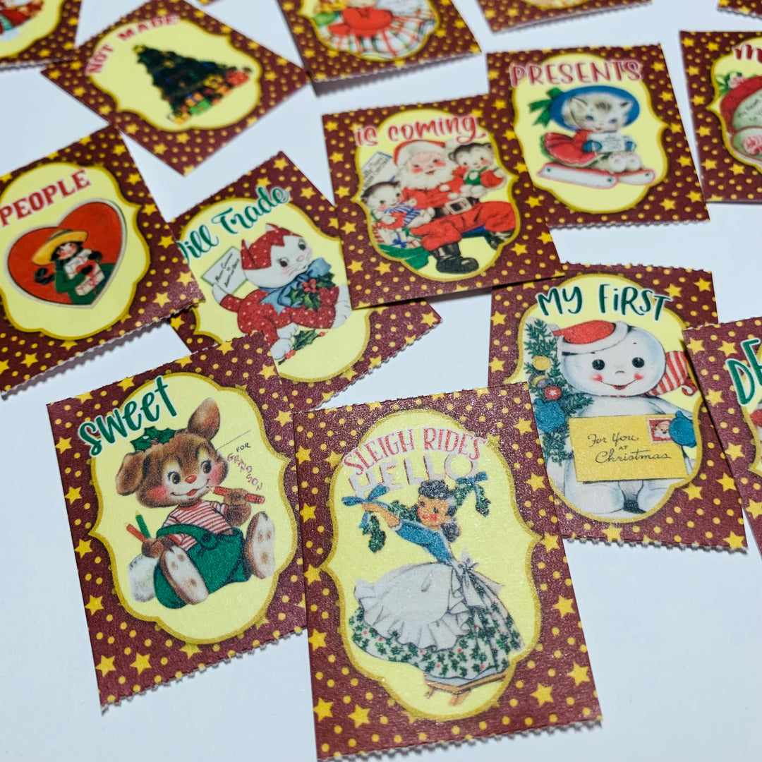 VINTAGE CHRISTMAS TOYS & Animals Ticket Sticker Sheets ~ 1 Stack ~ 150 Stickers in 30 Designs