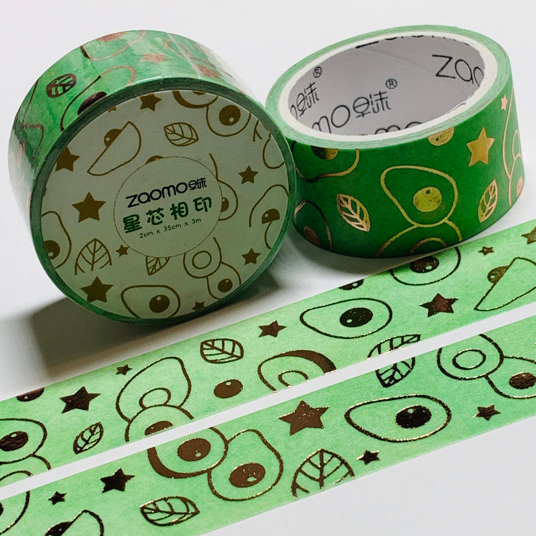 AVOCADO DOODLES & STARS In Gold Foil Washi Tape ~ 1 Roll ~ 20mm x 5m (16 Feet)