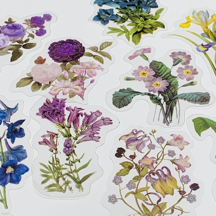 ROMANTIC BLUE & PURPLE WILDFLOWERS Peelable Stickers Pack ~ 40 Pieces, Each Sticker 85-105mm