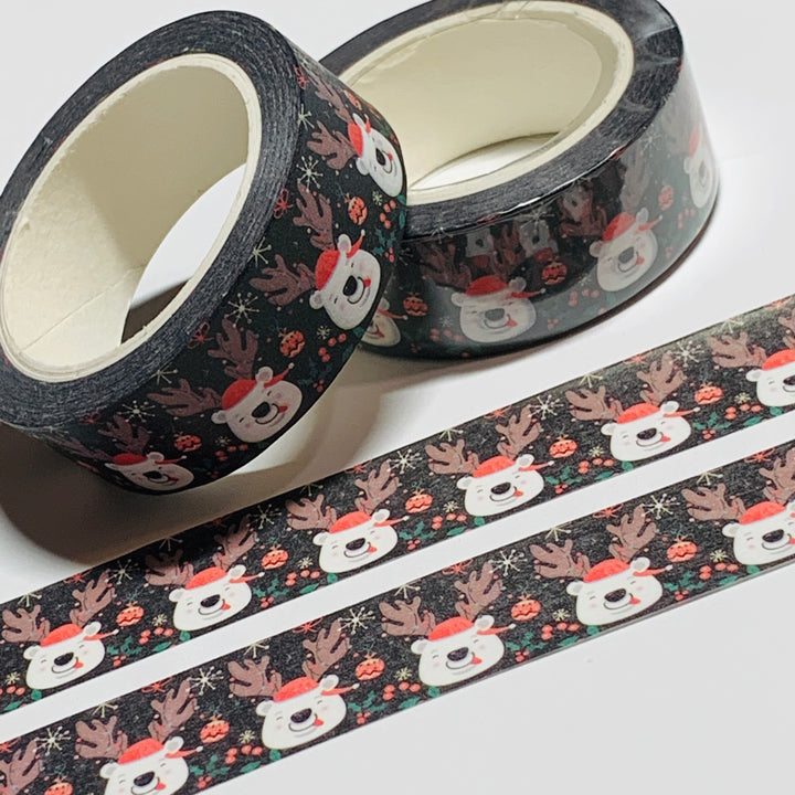 FESTIVE POLAR BEAR With REINDEER ANTLERS Holiday Washi Tape ~ 1 Roll ~ 15mm x 10m (33 Feet)