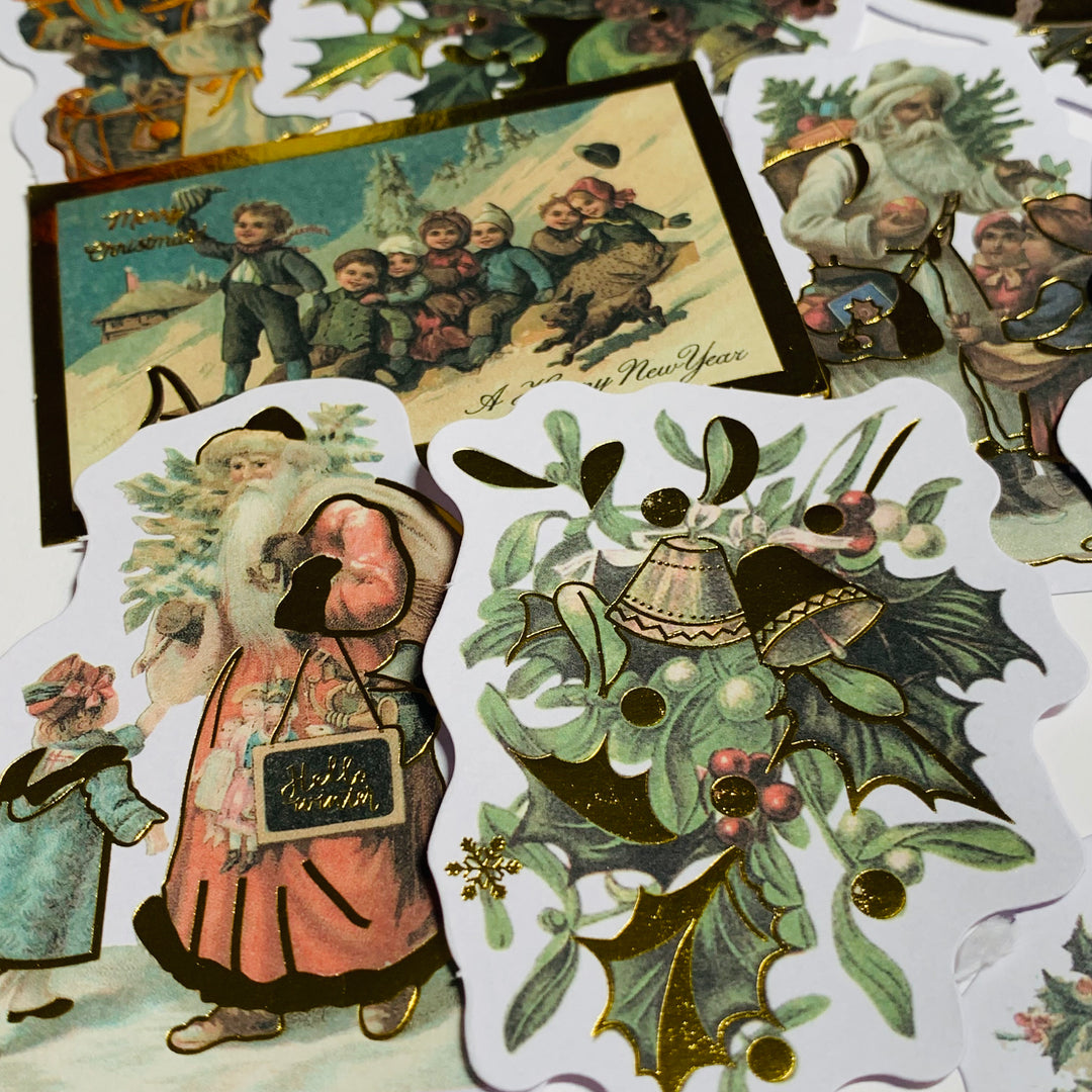 A SNOW DAY VICTORIAN CHRISTMAS And Gold Foiled Ephemera Stickers Pack ~ 24 Pieces ~ 3 Inches