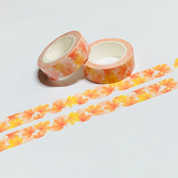 NEW SIZE!  MAPLE LEAVES in ORANGE and Yellow Washi Tape ~ 1 Roll ~ 15mm x 10m (33 Feet)