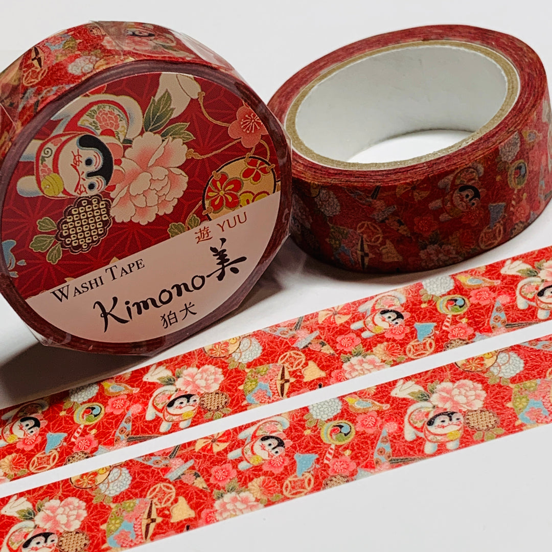 KIMONO GUARDIAN DOG LUCKY Gold Foil Saien Washi Tape ~ 1 Roll ~ 15mm x 7m (23 Feet)