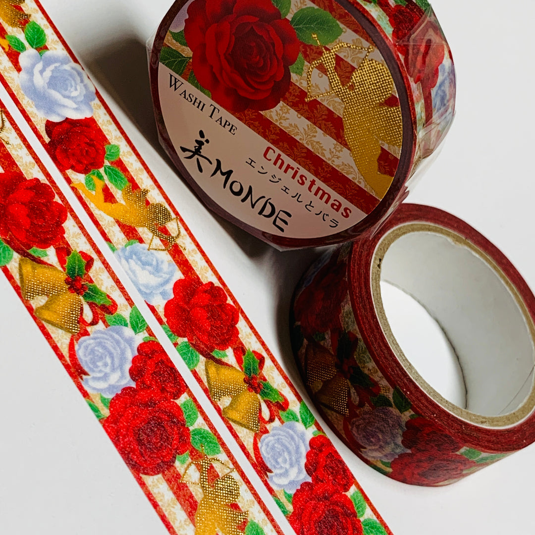 KIMONO CHRISTMAS ANGEL & ROSES Gold Foil Saien Washi Tape ~ 1 Roll ~ 15mm x 7m (23 Feet)