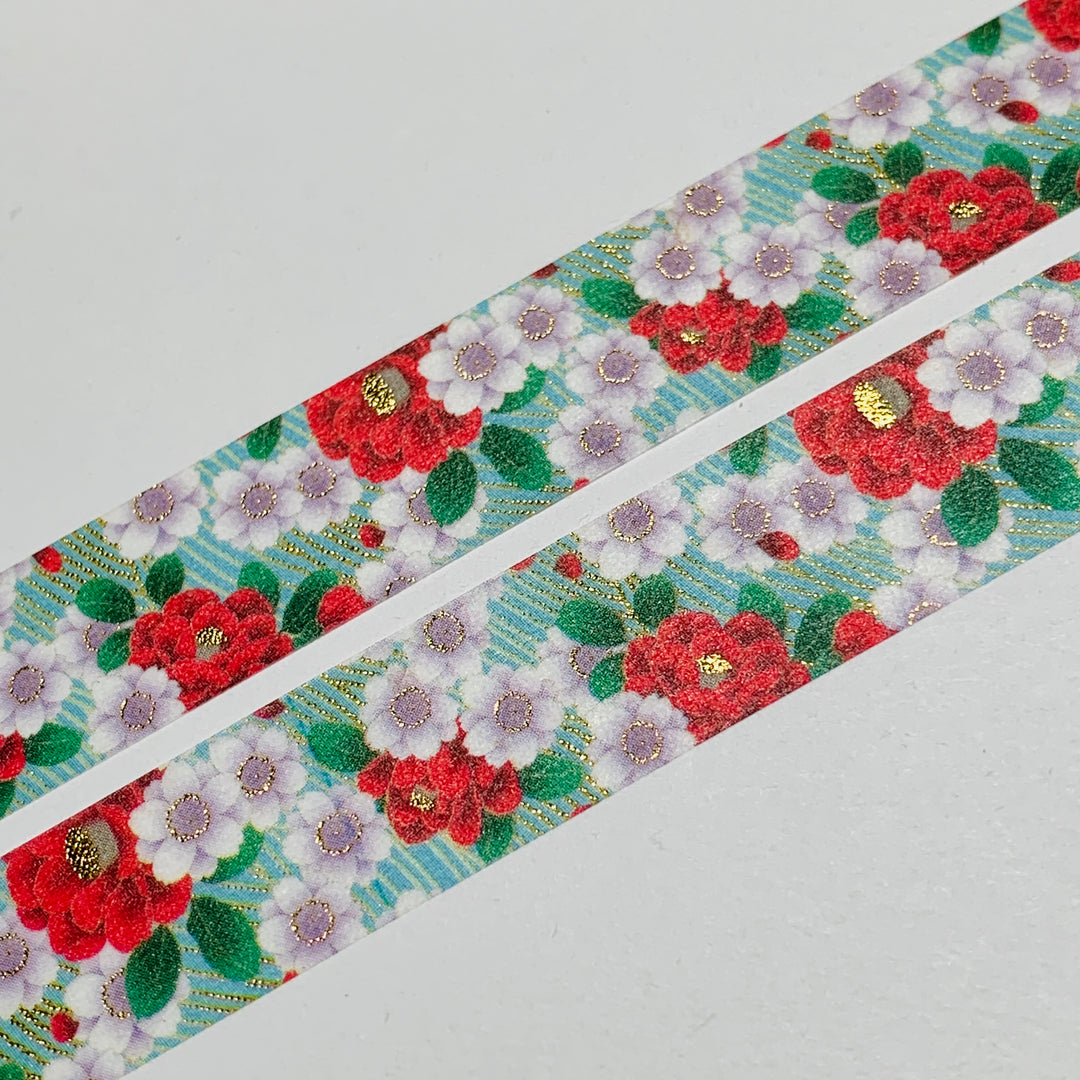 KIMONO CAMELLIA And CHERRY BLOSSOMS Gold Foil Saien Washi Tape ~ 1 Roll ~ 15mm x 7m (23 Feet)