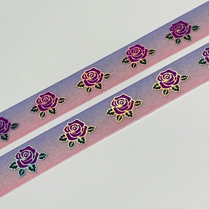 FULL BLOOM ROSES On Purple Ombre Silver Foil Washi Tape ~ 1 Roll ~ 15mm x 10m (33 Feet)