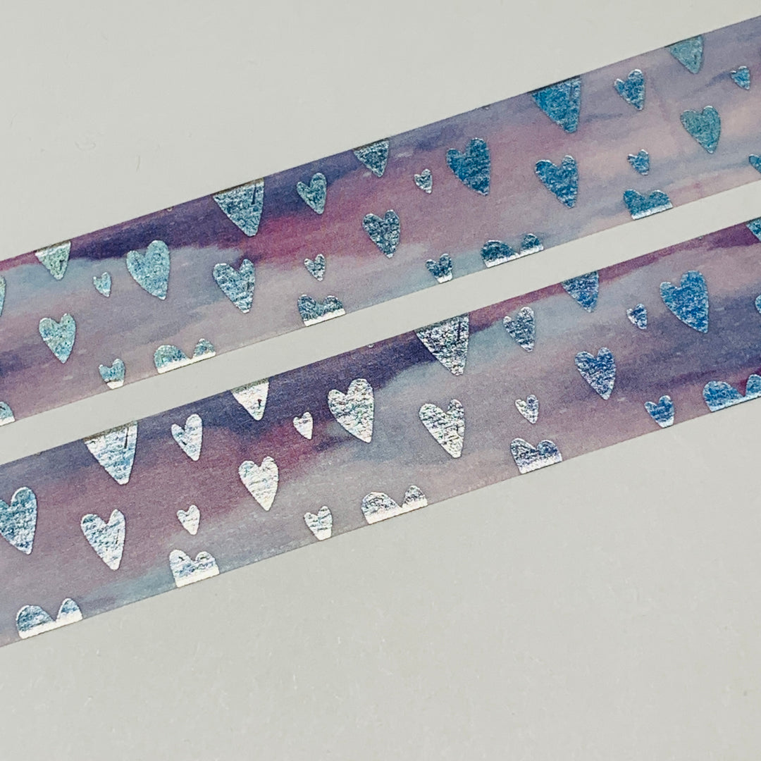 DOODLED SILVER FOIL HEARTS OMBRE PURPLE Washi Tape ~ 1 Roll ~ 15mm x 10m (33 Feet)