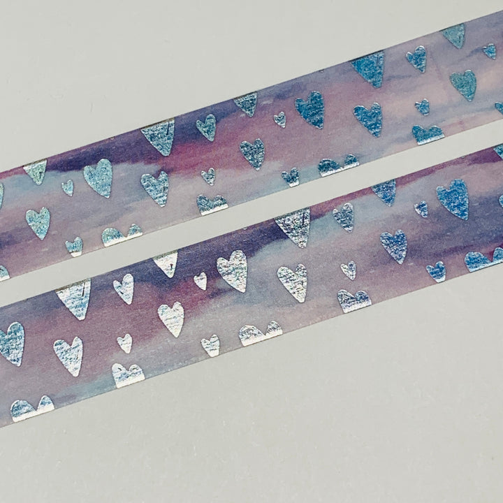 DOODLED SILVER FOIL HEARTS OMBRE PURPLE Washi Tape ~ 1 Roll ~ 15mm x 10m (33 Feet)