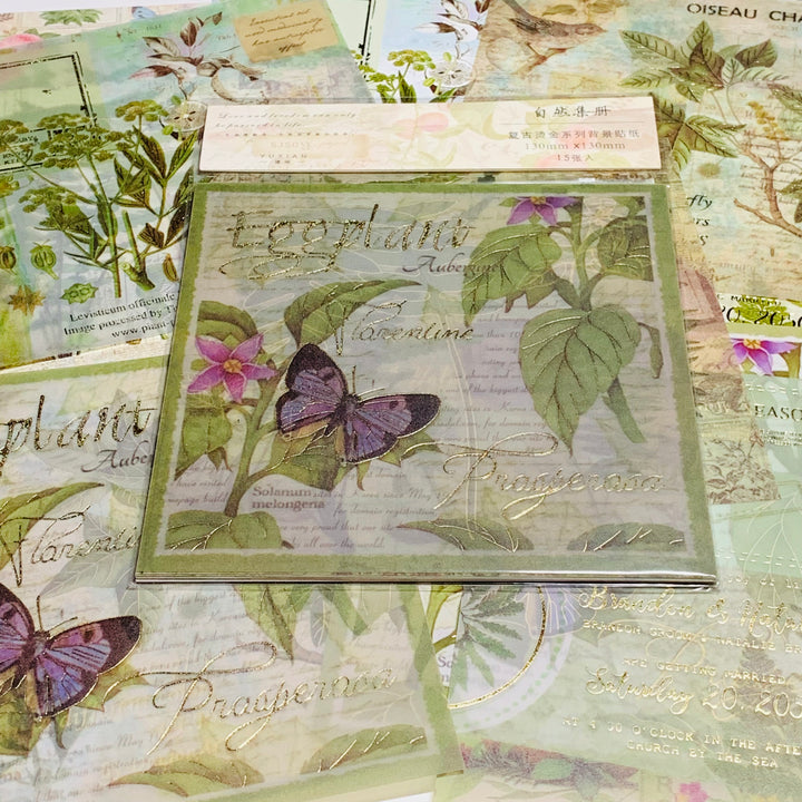 BOTANICAL FLORA & FAUNA Vellum & Designed Ephemera Paper Pack ~ 15 Sheets ~ Size 5 x 5 Inches