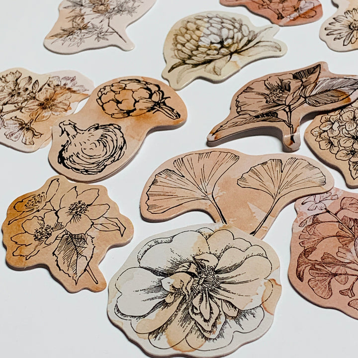 TEA-STAINED DOODLED FLOWERS Peelable Stickers  ~ 46 Pieces ~ Each Sticker is 44mm