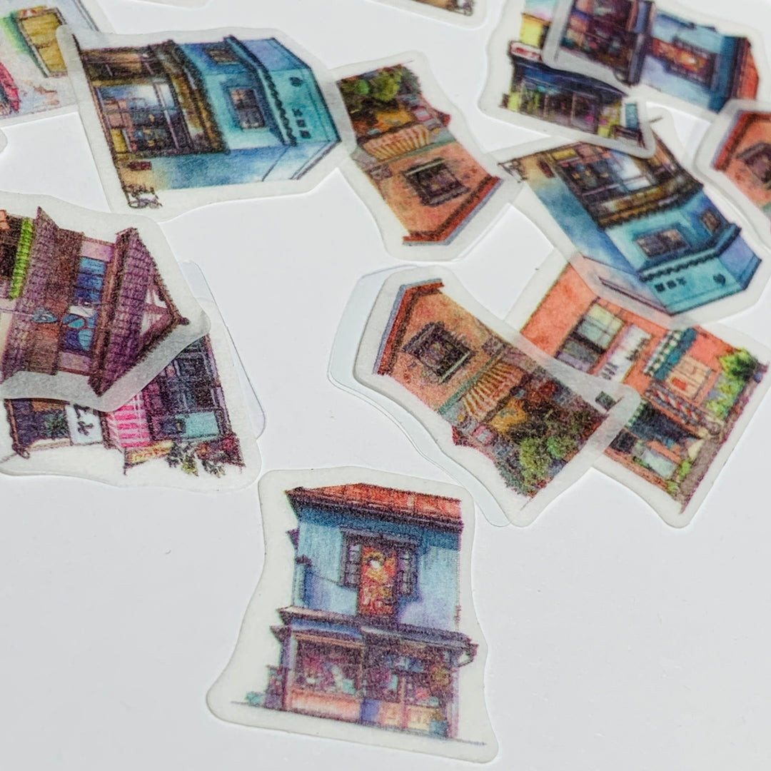 AROUND The TOWN HOUSES & SHOPS Sticker Flakes Stickers ~ 50 Pieces ~ 20mm Each