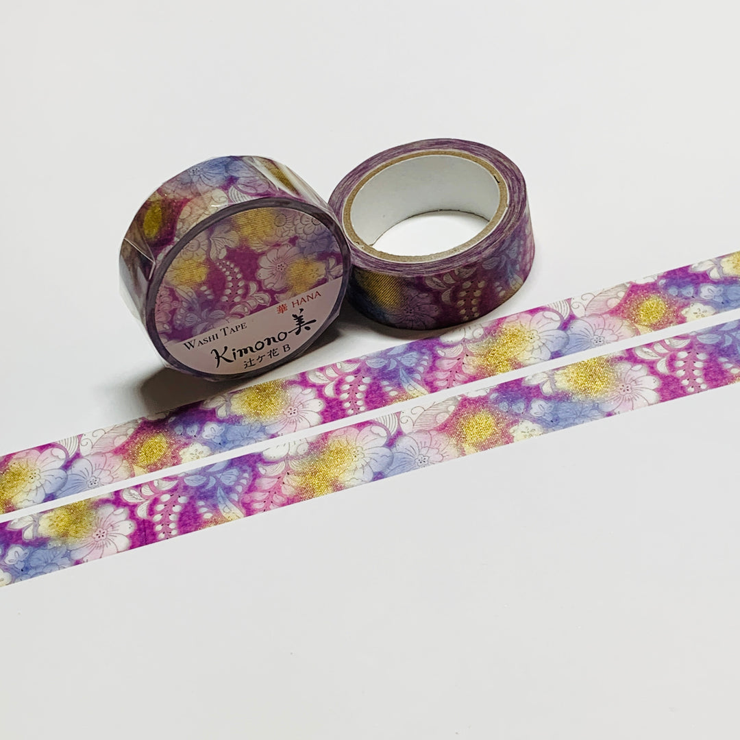 KIMONO PURPLE TSUJIGA FLORAL Gold Foil Saien Washi Tape ~ 1 Roll ~ 15mm x 7m (23 Feet)