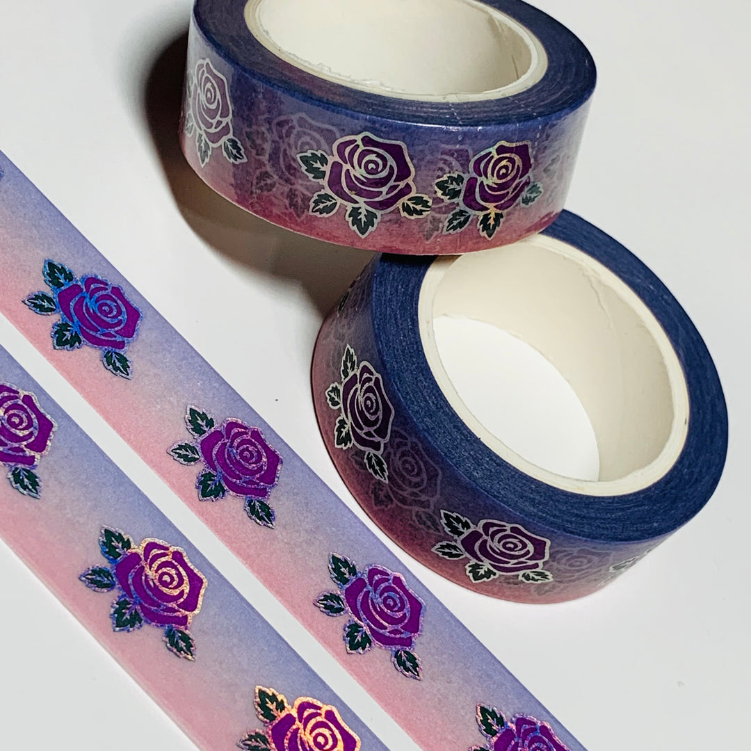 FULL BLOOM ROSES On Purple Ombre Silver Foil Washi Tape ~ 1 Roll ~ 15mm x 10m (33 Feet)