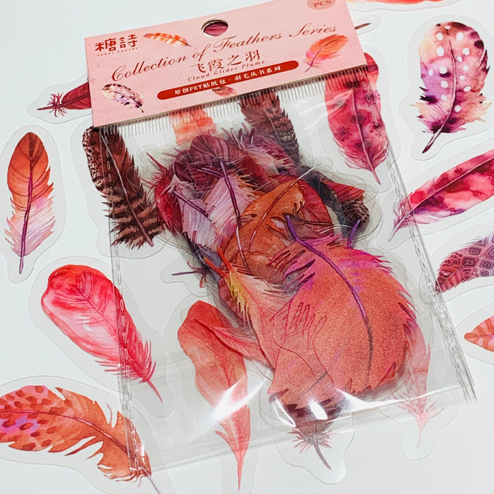 REDDISH ORANGE FEATHER ASSORTMENT Peelable Sticker Ephemera Pack ~ 40 Pieces, Each Sticker 50-60mm