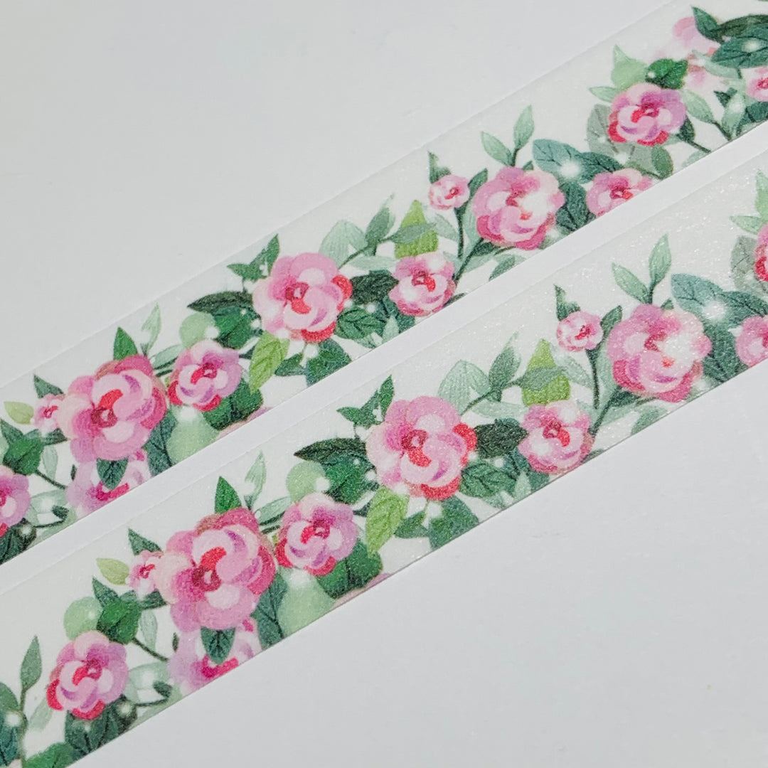 PRETTY PINK CABBAGE ROSE Garden Washi Tape - 1 Roll - 15mm x 10m (33 Feet)