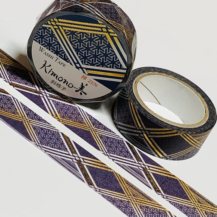 KIMONO SLANTED GRID NAVY & Gold Foil Saien Washi Tape ~ 1 Roll ~ 15mm x 7m (23 Feet)