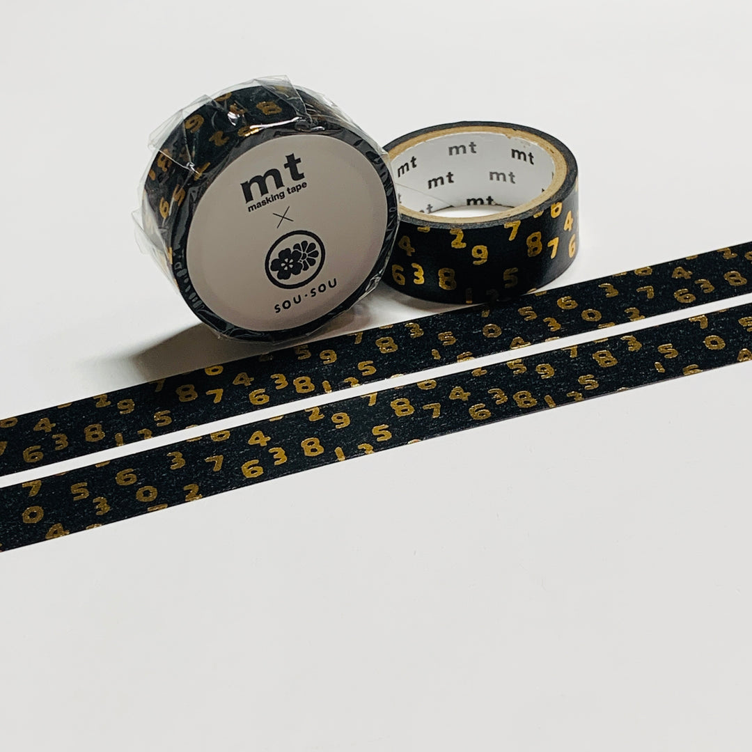 KONKIN BLACK & GOLD DIGITS by Sou Sou MT Washi Tape -1 roll - 15mm x 3m (10 Feet)