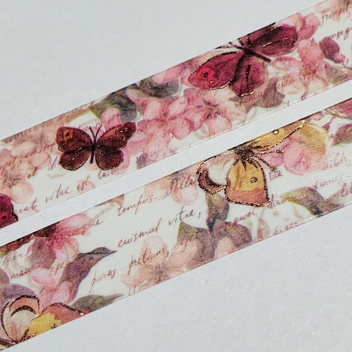 POETRY & PROSE BUTTERFLY Rose Gold Floral Washi Tape ~ 1 Roll ~ 15mm x 10m (33 Feet)