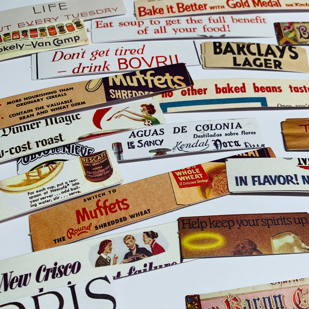 VINTAGE ADVERTISING & MOVIE STICKER STRIPS Ephemera Pack ~ 100 Pieces ~ 50-120mm