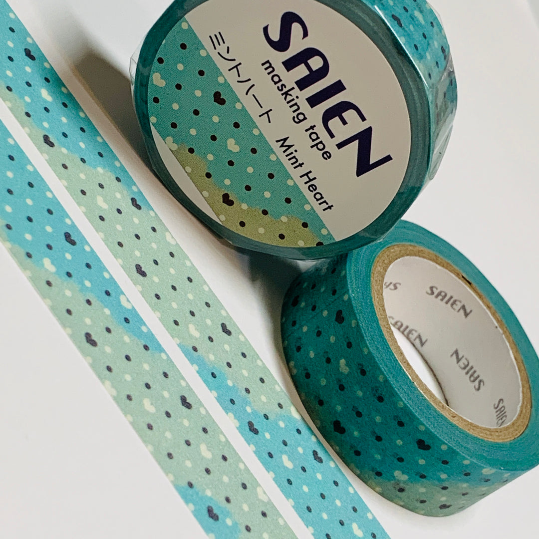 PATTERNED MINT HEARTS & DOTS Saien Masking Washi Tape ~ 1 Roll ~ 15mm x 10m (33 Feet)