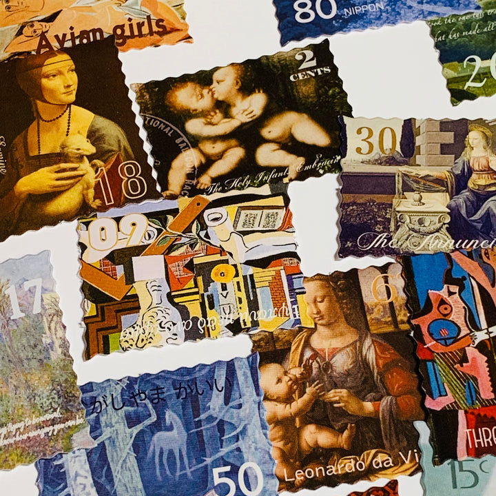 ICONIC NOTABLE PAINTING Stamps Peelable Stickers  ~ 45 Pieces ~ Each Sticker is Approximately38mm