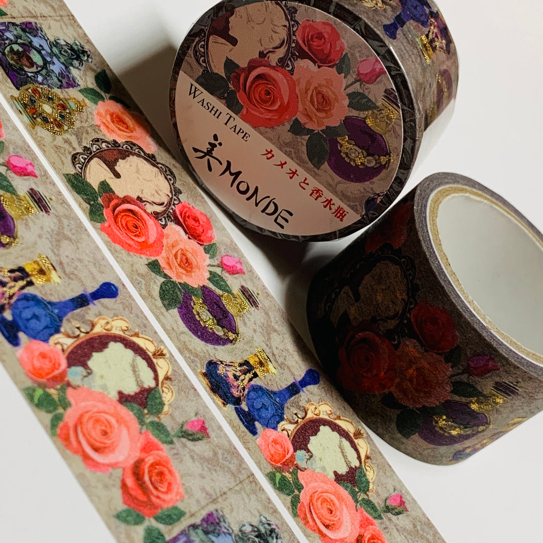 KIMONO MONDE CAMEO And PERFUME BOTTLE Gold Foil Saien Washi Tape ~ 1 Roll ~ 25mm x 5m (16 Feet)