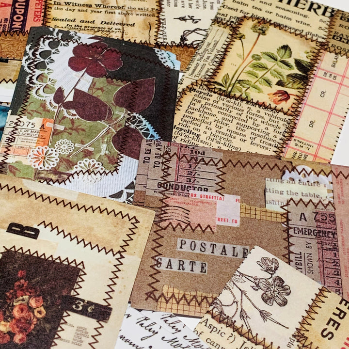 RETRO MIXED MEDIA STITCHING Candy Poetry Ephemera Paper Stickers Pack ~ 30 Stickers ~ 40 - 100mm