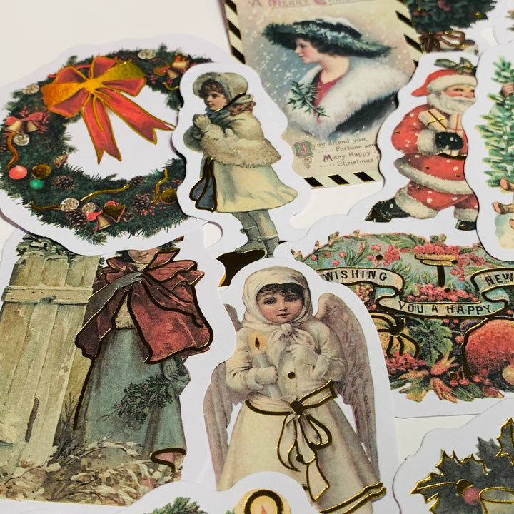 A VICTORIAN CHRISTMAS With BELLS And Gold Foiled Ephemera Stickers Pack ~ 24 Pieces ~ 3 Inches