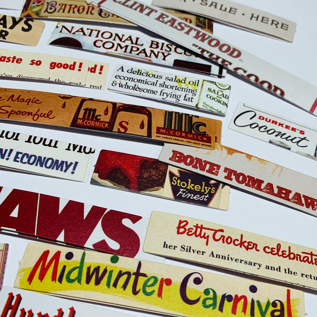 VINTAGE ADVERTISING & MOVIE STICKER STRIPS Ephemera Pack ~ 100 Pieces ~ 50-120mm
