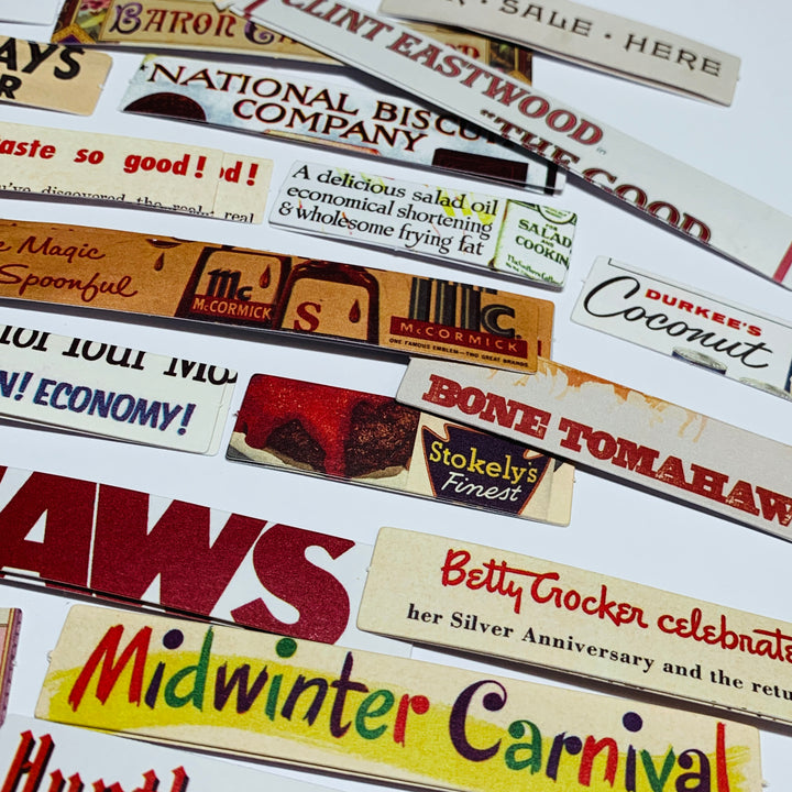 VINTAGE ADVERTISING & MOVIE STICKER STRIPS Ephemera Pack ~ 100 Pieces ~ 50-120mm