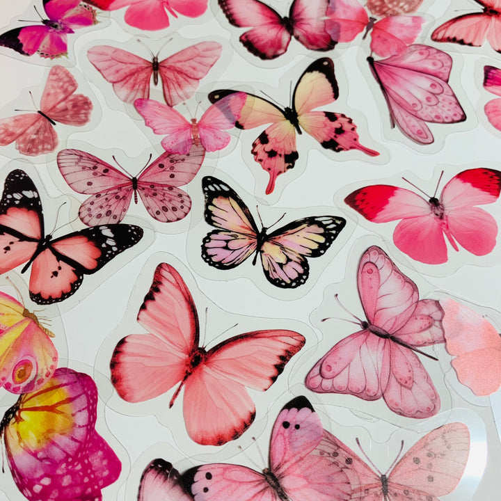 PINK BUTTERFLY NATURE Series Transparent Peelable Stickers ~ 40 Stickers - 40 to 50mm In Size