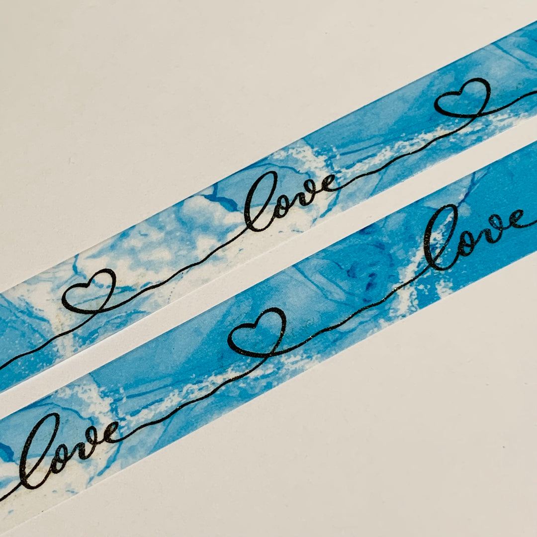 BLUE MARBLE LOVE SCRIPT Gold Foil Washi Tape ~ 1 Roll ~ 15mm x 10m (33 Feet)